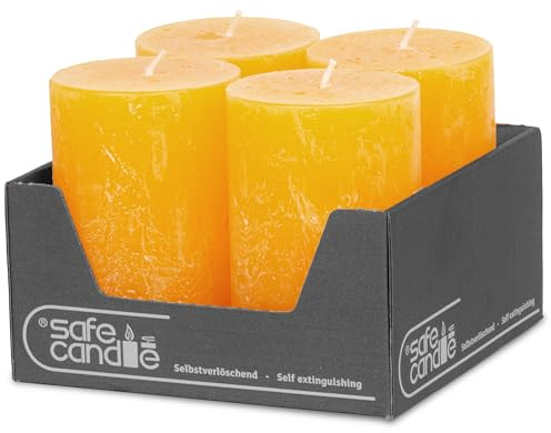 DecoLite Stumpenkerzen Rustic 4er Set 110x70 mm | Selbstverlöschend Safe Candle | Durchgefärbt RAL-zertifiziert | Brenndauer ca. 51h | Made in Germany | Rustik Deko Kerzen von DecoLite (gelb)