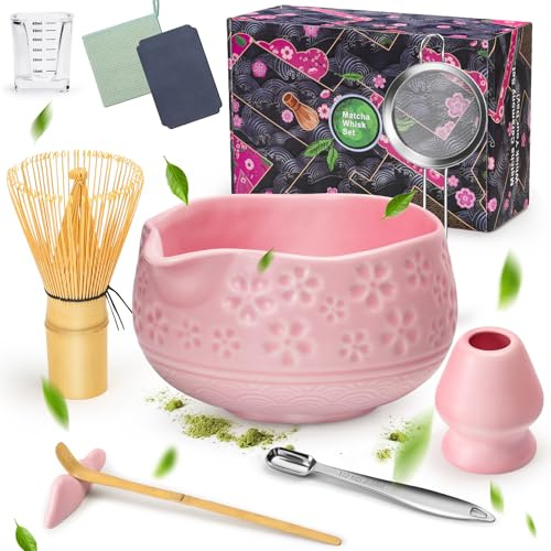 LumenVela Matcha Kit, 10 Piezas Te Matcha Kit Rosa con Cuenco Matcha, Batidor Matcha, Colador, Soporte para Batidor de Cerámica, Regalo para Amantes del Matcha, Amigos y Familiares (Rosa)