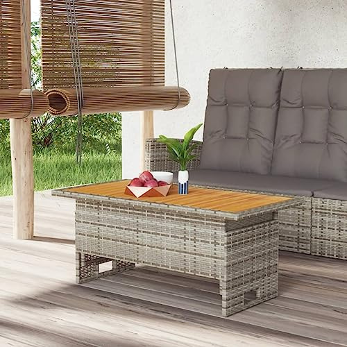 HaoChrymec Gartentisch mit Massivem Akazienholz & Poly Rattan, Höhenverstellbar, Loungetisch Outdoor, Beistelltisch Garten, Balkon Tisch, Grau, 100 x 50 x 43/63 cm