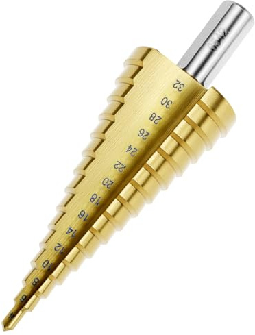 QWORK® Broca escalonada Ø 4-32mm (15 escalones) de HSS6542 para acero, hierro, aluminio, plástico y madera - vástago triangular de 9.5mm - broca cónica de precisión
