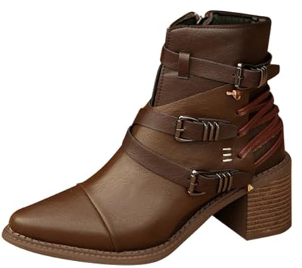 Generiska läderstövletter dam med klack, korta stövlar dam vinter, stora höga damstövlar vinter halkfri blockklack spetssko sidodragkedja korta stövlar, BRUN, 42 EU