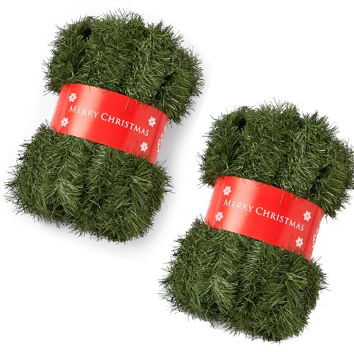 2 Pack 16M/ 52FT Green Christmas Garland Decoration, Xmas Artificial Vine Soft Green Tinsel Pine Holiday Decor for Stair Fireplace Door Christmas Tree Ornaments Indoor Outdoor