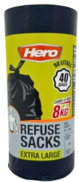 Hero 90L Strong Durable Bin Bag Liners – Extra Large Heavy-Duty Rubbish Sacks, Tear-Resistant Black Refuse Bags – Roll of 40