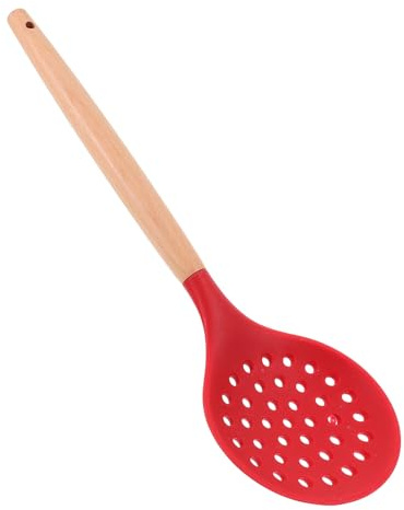 JOINPAYA Espumadera de Silicona Resistente al Calor Mango Curvo de Madera, Cuchara Coladora para Filtro de Aceite y Servir Comida, Utensilio de Cocina Rojo para Hogar y Estilo Aleatorio