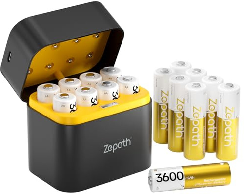 Zepath 16 Pack AA Wiederaufladbare 3600mWh Lithium Akkus mit Ladegerät, Hohe Kapazität 1.5V AA Batterien, Lang anhaltende wiederaufladbare AA Li-ion Batterie mit Integrierter Charing Aufbewahrungsbox
