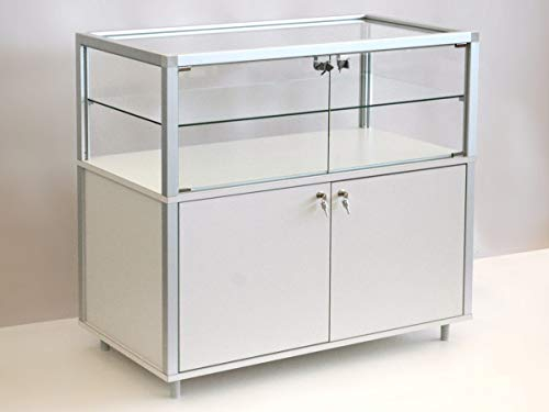 MHN Halbhohe Glasvitrine T 42,5 x B 79 x H 95 cm - breiter Vitrinenschrank abschließbar - Flache Alu-Glas Verkaufsvitrine & Unterschrank - Spiegel-Rückwand - ohne Beleuchtung