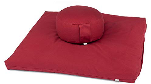 Bodhi Meditations-Set | ECO Serie | Meditationsmatte (Zabuton) & Rondo Meditationskissen | Mit Kapok-Füllung | Bezug aus 100% Bio-Baumwolle | Meditationsunterlage & Kissen (Bordeaux)