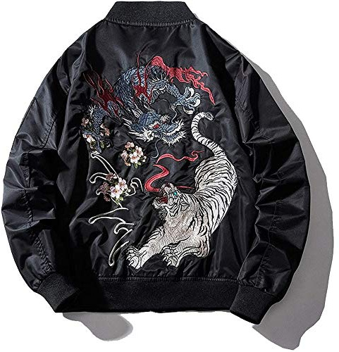 XYXIONGMAO Giacca bomber oversize da uomo Dragon Tigre giapponese Hip Hop Streetwear, Nero , S