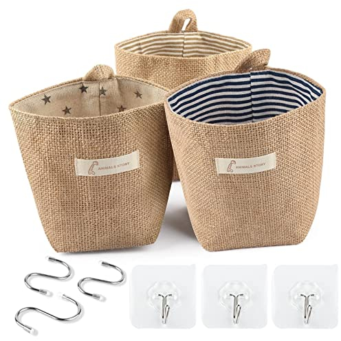 Hotipine 3 Pz Retrò Borse Portaoggetti da Appendere, pieghevoli da Parete Borsa Appeso in cotone e lino con manico e 6 ganc per trucchi chiavi e piccoli oggetti L'Ufficio Bagno Cucina (14 * 13 cm)