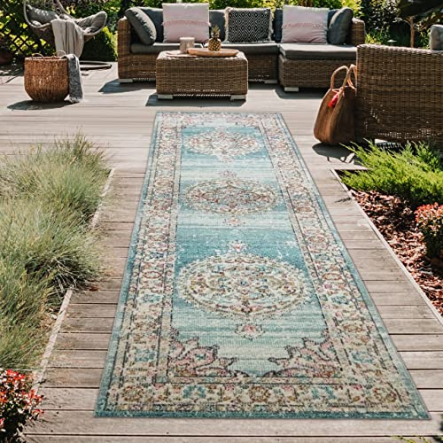Teppich-Traum In- & Outdoor Teppich Vintage Blumen Türkis 80x300 cm | Pflegeleicht, schmutzabweisend, farbecht und robust, seitlich gekettelt, für Terrasse, Balkon, Garten, Pavillon und Foyer