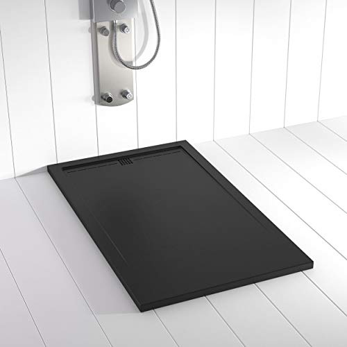 Plato de ducha resina FLOW desagüe lineal frontal color Negro 170x90 textura pizarra antideslizante rejilla del mismo color con válvula