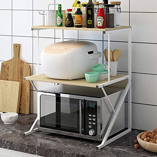 Menaka 3 Tiers Microwave Oven Shelf Stand Kitchen Countertop Unit Storage Rack Spices Rack Printer Rack Free Standing for Home Office Metal Frame with Wood Tabletop