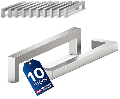 LIVING-TEC Schrankgriffe 10 Stück 128mm - Hochwertige Möbelgriffe aus vollem Edelstahl gebürstet - Griffe für Küchenschränke, Küche, Möbel - Küchengriffe im kantigen Design - Möbelgriff Metall