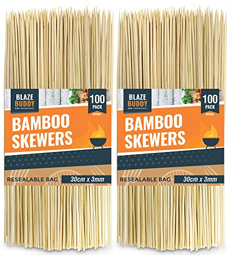 Blaze Buddy 200pk Bamboo Skewers 30cm | Wooden BBQ Skewers | Ideal as Kebab and Barbecue Stick | Kebab Sticks | Long BBQ Sticks | Wooden 30cm