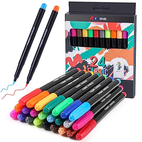 Navie Mobi Textilstifte Waschmaschinenfest,24 Farben Textilstifte für T-Shirts,Jeans,Hüte,Leinentaschen,Schuhe,Textilmarker Permanente Stoffmalfarben für Malen und Schreiben