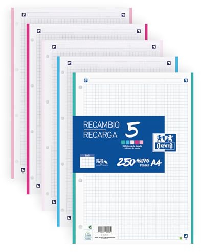 Oxford, Hojas Cuadriculadas A4 Perforadas, Recambio Archivador, Cuadrícula 5x5, 4 Taladros, 5 Colores de Banda Pastel, 250 Hojas