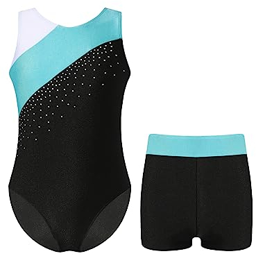 FEESHOW Mädchen Gymnastikanzug Mit Hose Ärmellose Kontrastfarbe Turntrikot Gymnastik Shorts Set Kinder Tanz Ballettbody Leotard Wettbewerb Tanzkleidung F_Blaugrün 170-176
