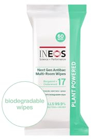 INEOS Hygienics Next-Gen Antibac Multi-Room Disinfectant Biodegradable 60 Wipes, Bergamot + Cedarwood, Kills 99.9% of Bacteria + Viruses, Plant Powered, Packaging May Vary