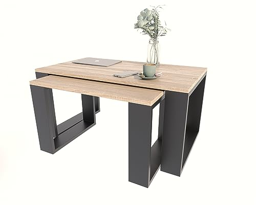 MATKAM Satztisch 2er Set WESTA, Couchtisch im Industrie-Stil, hoher Beistelltisch B100 x T50 x H47,8 cm, niedriger Beistelltisch B78 x T39 x H45,3 cm, einfache Montage (Sonoma Eiche)
