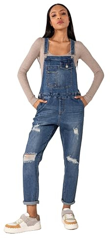 Nina Carter Dam hängselbyxor, jeans, pojkvän, denim, overall, använd look, sommaroverall, Blå (S535-3), XS