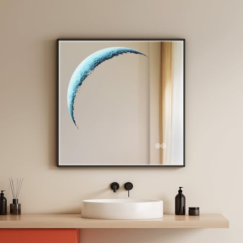 EMKE Badspiegel mit Beleuchtung LED Spiegel 60x60cm Spiegel mit Beleuchtung Schwarz mit Touchschalter+Antibeschlag+Kaltweiß Licht, Dimmbar, Speicherfunktion Badezimmerspiegel IP44 Energiesparend