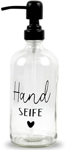 Glas Seifenspender 500ml - Spülmittelspender für Küche, Seifenspender für Badezimmer, Schwarzer Pumpspender (Handseife Klarglas mit Metallspender)