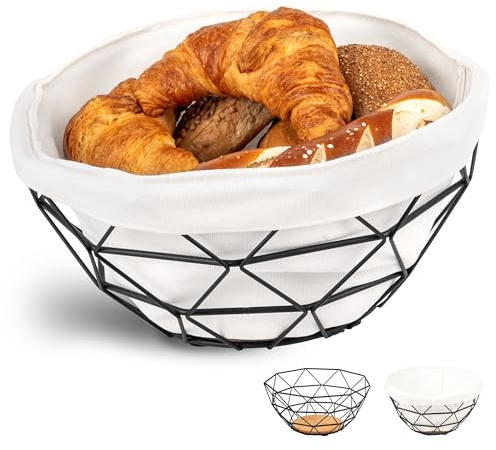 eluno Obstkorb - Brotkorb, praktische moderne Obstschale aus schwarzem Metall & Bambus mit abnehmbarem waschbarem Bezug - für Obst, Gemüse, Brot und Snacks Ø ca. 30 x 14 H cm