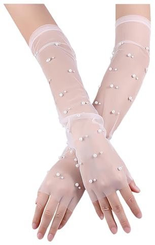 NYGGTYK Paire de Gants en Résille Perlée - Longs Sans Doigts, Tulle Transparent pour Robe de Mariée (Blanc), Taille Unique