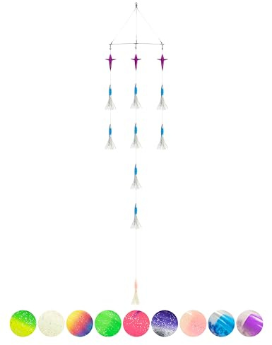 BLUEWING 18 Upgraded Fishing Spreader Bar Wave with 9 Bulb Squids, 5.28in Trolling Birds and 316 Stainless Steel Rod Offshore Spreader Bar for Wahoo Tuna Marlin Mahi Mahi Crystal Blue