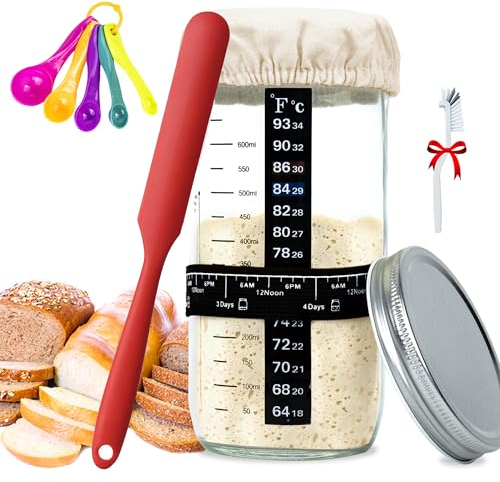 xyuayamz Masa Madre Sourdough Starter Jar Kit, 730ml Juego de Fermentación con Termómetro, Raspador, Metal Para Hornear Masa Madre, Reutilizable Suministros de Fermentación para Hornear en Casa