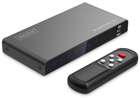 DIGITUS DS-55333 HDMI Switch 3x1-3 In 1 Ut - UHD 8K/60 Hz HDTV: 7680 × 4320p - HDCP 2.3 & HDMI 2.1 - HDR, CEC, Deep Color, DTS, Dolby Digital, LPCM - För TV, Monitor, PS5, PS4, Xbox