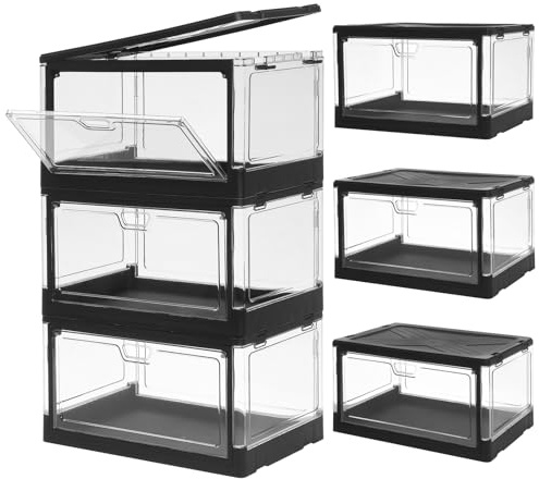 HYBRIDEAS 3-Pack Clear Stackable Storage Bins with Lids Magnetic Doors Open Front Foldable Folding Plastic Craft Containers Large Closet Organizers Box for Bedrooms Living Rooms Study 24 QT