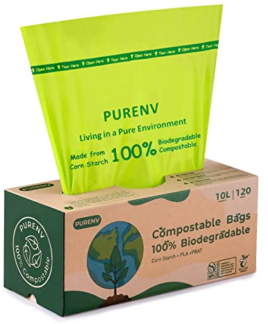 PURENV 10L Biomüllbeutel, 120 Müllbeutel für Biotonne, 100% Kompostierbar und Biologisch Abbaubar, mit EN13432 Zertifizierung. Klimaneutral Hellgrün