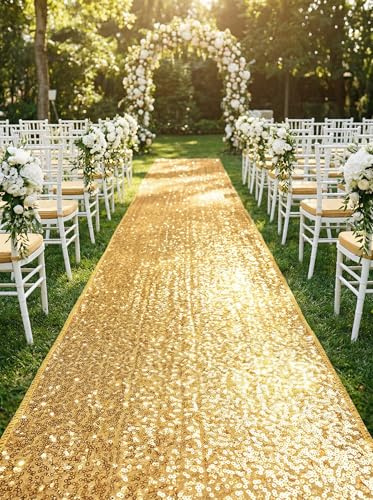 Wedding Aisle Runner: 2FT×15FT Sequin Fabric - Gold Sparkly Carpet Runner for Prom Party Outdoor Grass Floor Indoor Walkway Rug Runner Hallway Decorations