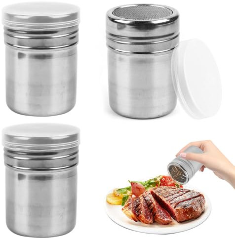 3 Piezas Espolvoreador Cacao botella de cacao en polvo con tapa, azúcar de acero inoxidable para chocolate, azúcar en polvo, azúcar, sal, cacao, harina, café