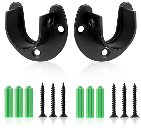 2 Packs Closet Rod Bracket, Stainless Steel Closet Pole Sockets U-Shaped Closet Rod End Supports with Screws Heavy Duty Flange Rod Holder for Closet Wardrobe Shower Curtain (Black)