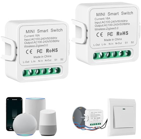 Zigbee Interruptor inteligente, ZigBee Mini Smart Switch 16A | Interruptores inteligentes compatible con Smart Life, Tuya app, Alexa, Requiere Cable Neutro, 100V-240V
