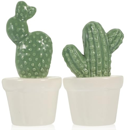 Cabilock 2Er-Set Porzellan Kaktus Dekorationen Handbemalt Realistische Kaktusfiguren Für Wohnzimmer Schlafzimmer Tischdeko Und Neujahrsdeko 4.72X1.97X1.97In