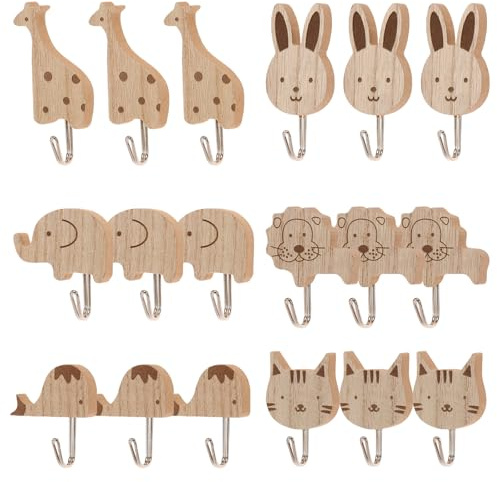 BAODBF 18 ganchos autoadhesivos de madera, bonitos ganchos de pared de madera, con formas de animales, ganchos para ropa para niños, para habitación infantil, dormitorio