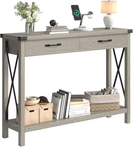 Console Meuble Grise, Console pour Entrée avec 2 Tiroirs, Table de Canapé en Bois avec étagère, Design en Forme de X ,Protections d'angle en Métal ,pour l'entrée, le Salon, le Couloir, 109x30.5x76cm
