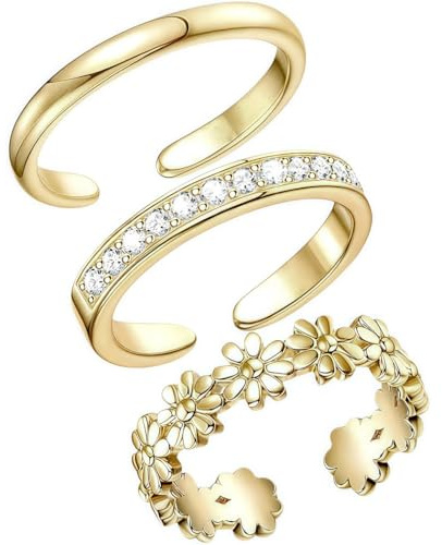 CHIVASO 3-Piece Toe Ring Set, Gold and Silver Tone with Crystal and Daisy Flower Design, Adjustable Beach Foot Jewelry, Metal, No Gemstone