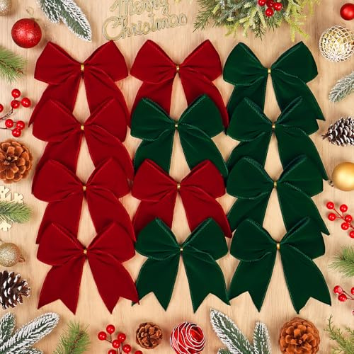 DEMIUKO 12 Stück Rot Schleife Weihnachten Grün Zierschleifen Geschenkschleife Samt Schleifen für Weihnachtsbaum Weihnachtskranz Girlande Weihnachtsdeko zum Basteln Hochzeit Party Valentinstag Deko