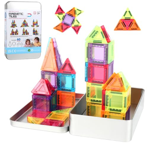 Meinraum 60pcs Magnetische Bausteine für Kinder，Mini Magnetbausteine Reiseset mit Ironbox，Magnet Fliesen Bauspielzeug ab 3 4 5 6 7+ Jahre Junge Mädchen