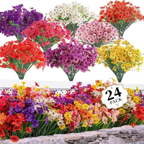 24 Bundles Artificial Flowers Violet for Outdoors/Indoors,8 Colors No Fade Fake,Fake Flowers Plants for Indoor Outside Garden Porch Window Box Home Wedding Farmhouse