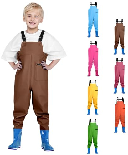 Generisch Wasserdichte Kinder Wathose mit Stiefel Anglerhose Outdoor Bootfoot Gummi Watstiefel Kinderrutschfest Verstellbar mit Verstellbarer Schultergurt für Jungen Mädchen(#02-04, 8-9 Jare)