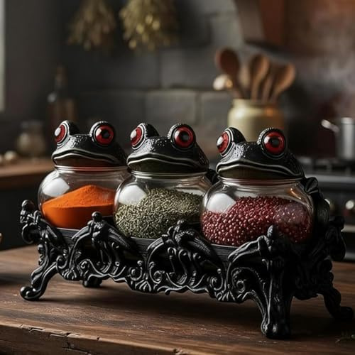 Witchy Frog Apothecary Spice Jars,3 Pc Gothic Food Storage Containers,Unique Seasoning Jars,Witch Spice Jar,Kitchen Storage for Spices, Herbs, Tea, Salts, Fun Home Decor