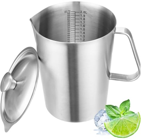 Stainless Steel Pitcher with Lid, 2 L/70 oz Measuring Cup with Dual-Scale Markings, Milk Frothing Jug, Large Beaker for Espresso Machine, Hot/Cold Water, Latte Art, Iced Tea, Coffee Drinks
