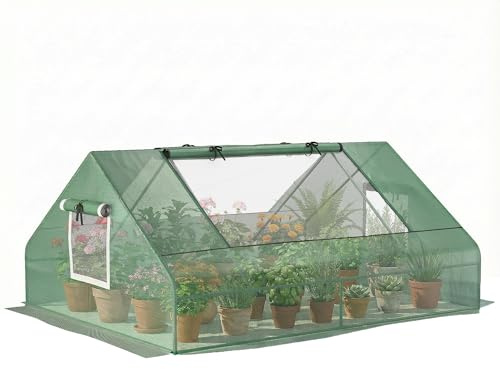 Outsunny Mini Serre de Jardin Mini Serre Tunnel 180 x 140 x 80 cm Toit Pointu Acier PE Haute densité 140 g/m² Anti-UV 2 Grandes fenêtres enroulables Vert foncé