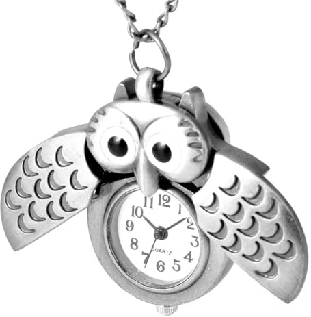 Hemobllo Retro Taschenuhr Eulenform Silber Kreative Vintage Kettenuhr für Damen und Herren Dekorative Halbmond Eulen Taschenuhr als Geschenk für Freunde und Familie