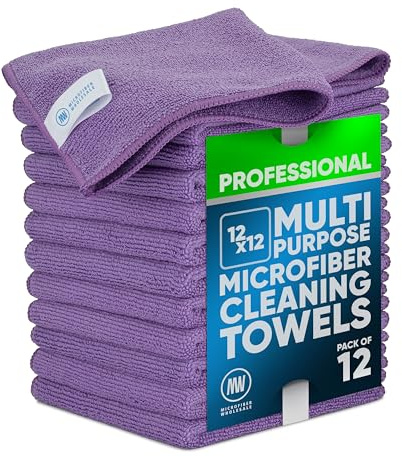 MW PRO Microfiber Cleaning Cloths Purple (12 Pack, 12x12) - Commercial Janitorial Towels & Lint Free Rags - Heavy Duty for Auto Detailing, Glass Windows, Housekeeping & Screens - Washable 300+ Times